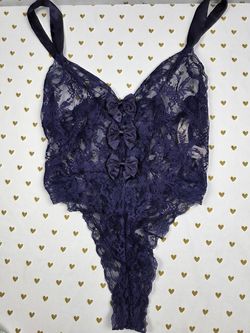 Victorias Secret VINTAGE Gold Label Teddy Lace Blue Sheer Lingerie Medium Thong