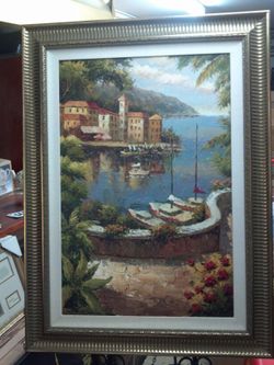 Original oil on canvas painting with beautiful art deco framing 45 by 34 inches
