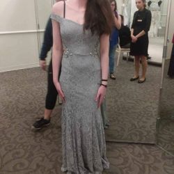 David's Bridal Sparkly Silver Dress With Mesh Sides