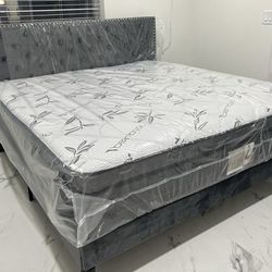 NEW BED FRAME KING SIZE GRAY OR BLACK WITH MATTRESS AND BOX SPRING