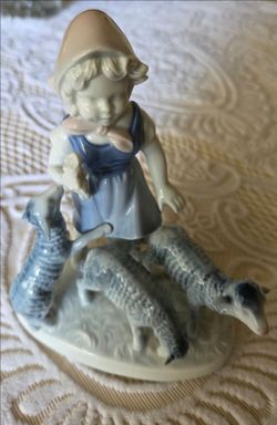 Vintage German figurine girl with lambs