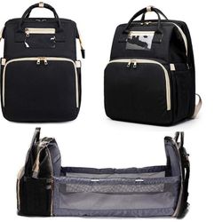 3 in 1 Diaper Backpack with Foldable portable Bed, waterproof-black