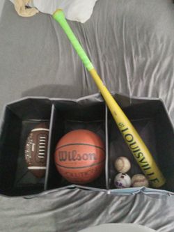 Bat w/ 3 Baseballs; Basketball; Football; Container