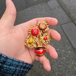 Vtg Yves Saint Laurent AVON 70s Van Gogh Sunflowers Red Yellow Enamel Brooch