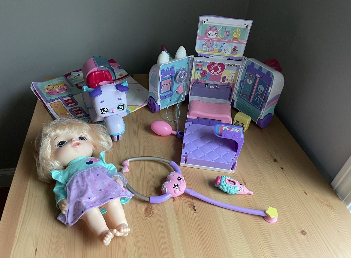 Baby Alive Baby Doll And Shopkins Deluxe Unicorn Ambulance Check Up Scooter Playset Lot 