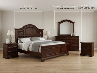 King Panel Bed, Executive Dresser with Mirror, and Two Matching Nightstands