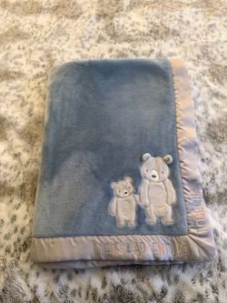 Blue Baby Blanket with Bear Embroidery