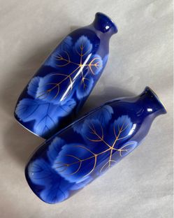 Two Vintage Fukugawa Seiji Arita Cobalt Blue Sake Bottles with Gold-Gilt Detailing