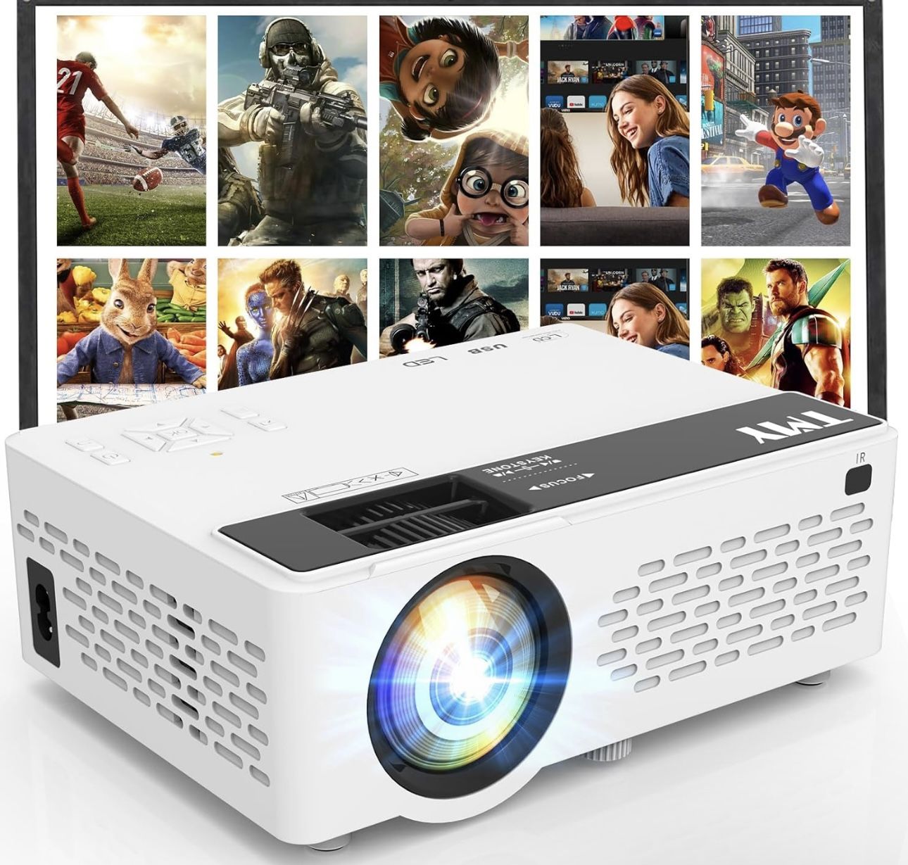 TMY Mini Projector, Bluetooth Projector with Screen, 1080P Full HD Portable Projector for movies