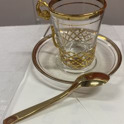Vintage set of 6 Italian brass demitasse spoons by “ MPI “.  Everything shown in photos is included. 6 gold / brass spoons, 6 saucers, 5 glasses with 