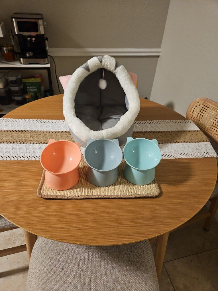 Cat Bed And 3 Elevated Bowls Cat Food And 1 Cat Scratcher