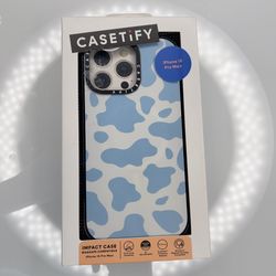 CASETiFY Impact Case iPhone 15 Pro Max Blue Cow Print MagSafe Compatible