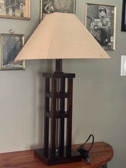 Dark Wood Table Lamp with Linen Shade