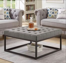 Gray Tufted Ottoman with Metal Base | Excellent Condition