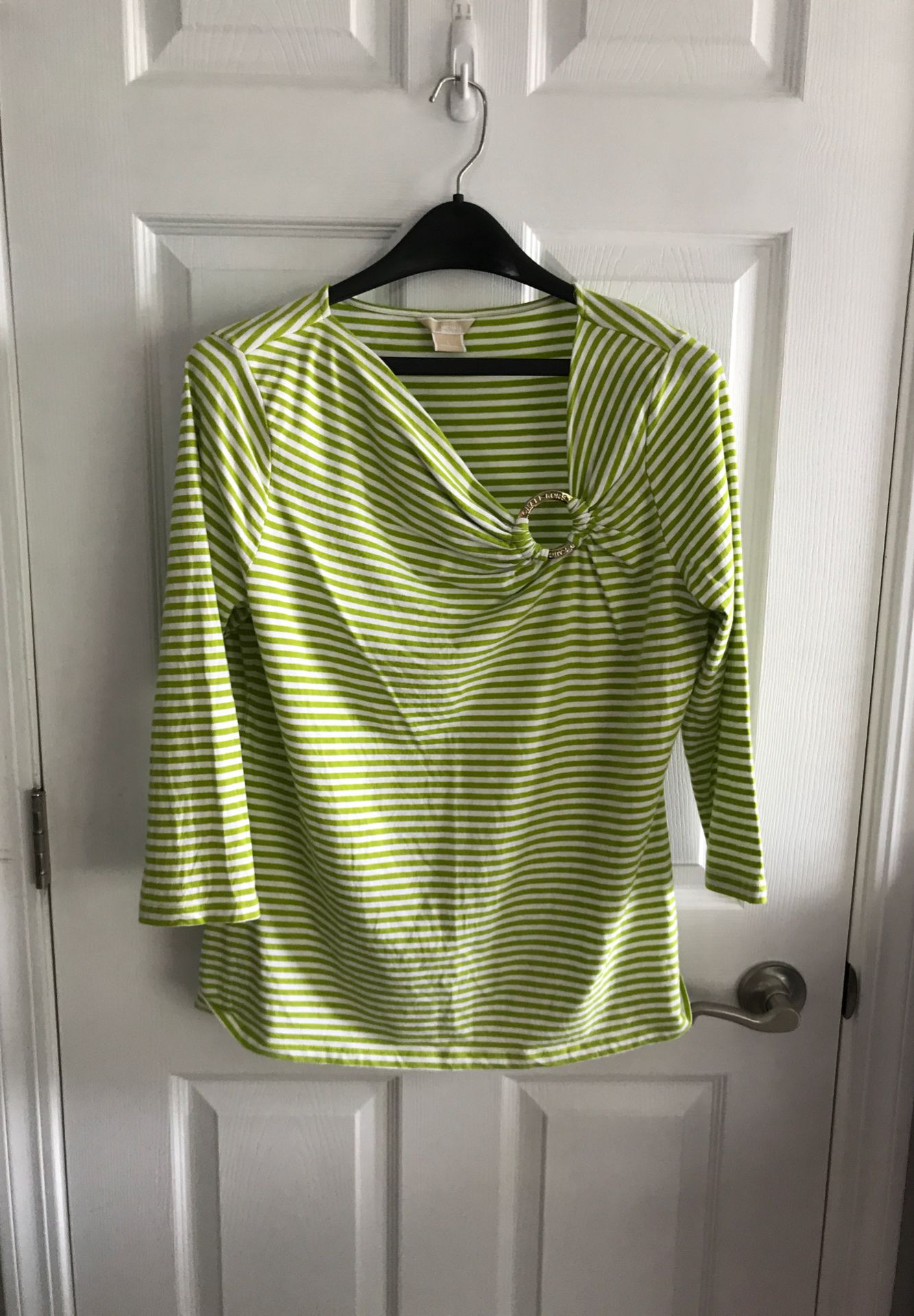 Michael Kors size large lime green and white striped blouse with gold Michael Kors accent