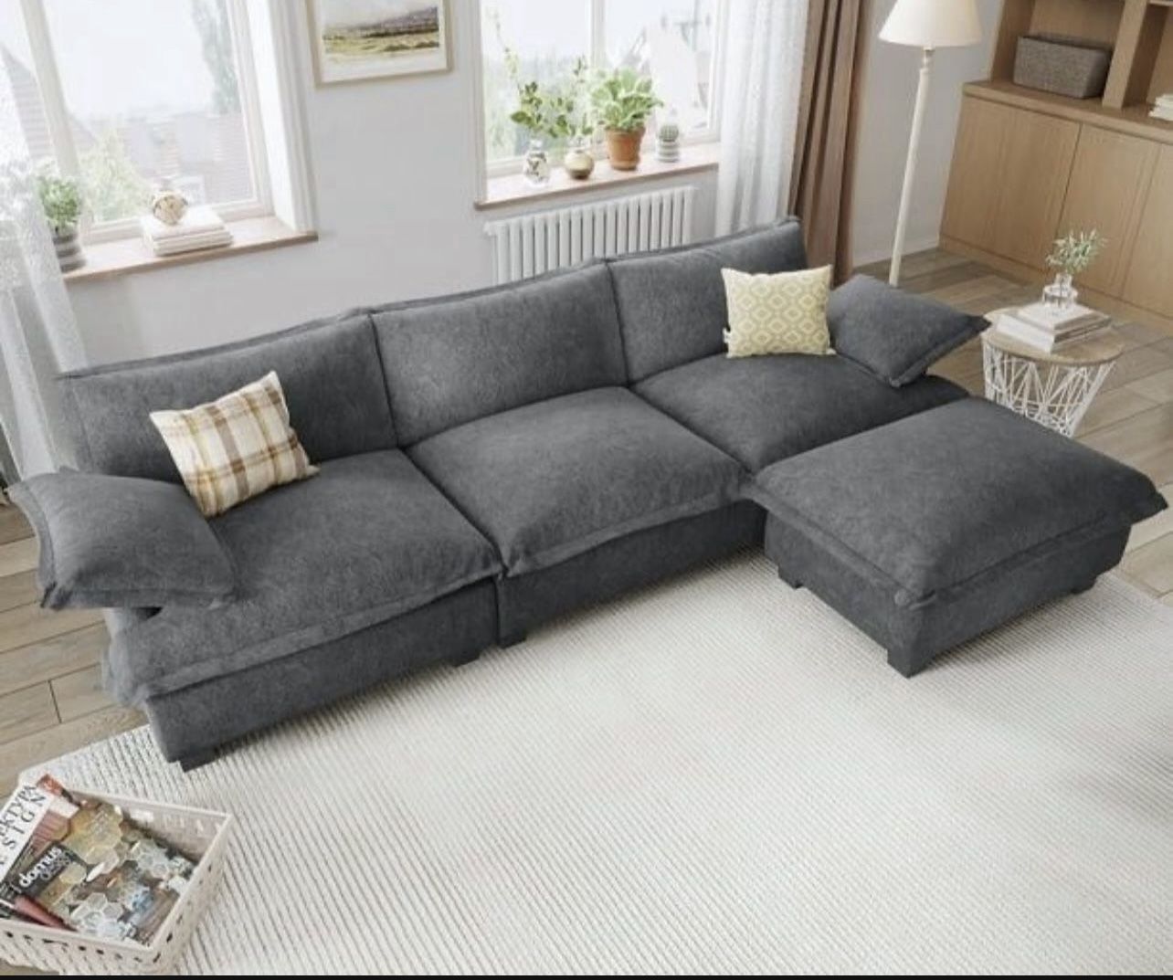 113" Oversized Sectional Sofa Cloud Couch for Living Room, Modern Velvet L Shaped Deep Couches, 4 Seat Comfy Modular Sofa Sleeper with Moveable Ottoma