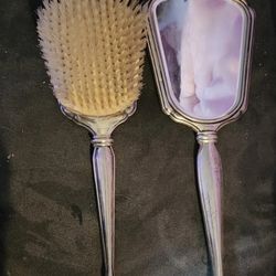International Sterling Silver Vanity Hand Mirror and Brush Set with Mono