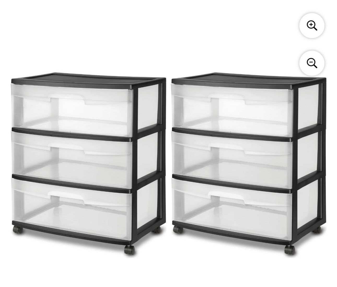 (2 pack) Sterilite Wide 3 Drawer Cart, Clear Plastic Storage Drawers, Wheels Included, Black