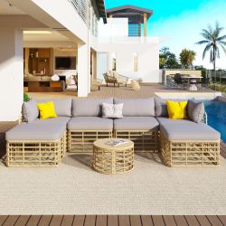 GO 7 Pieces Outdoor Patio Furniture, All-Weather Rattan Sectional Sofa Set with Thick Cushions and Pillows, Freely Combined Conversation Sets for Gard
