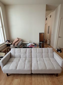 Sofa and Bed Set (Light Gray Tufted Futon and Dark Gray Upholstered Bed Frame with Mattress)