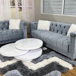 New Velvet Grey Sofa And Loveseat 2 PCs 