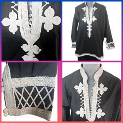 Black White Macrame Rock N Roll Tunic Top Unisex Open Neck Vintage