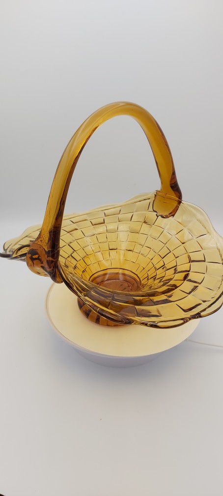 Large Beautiful Vintage Honey Amber Glass Basket 