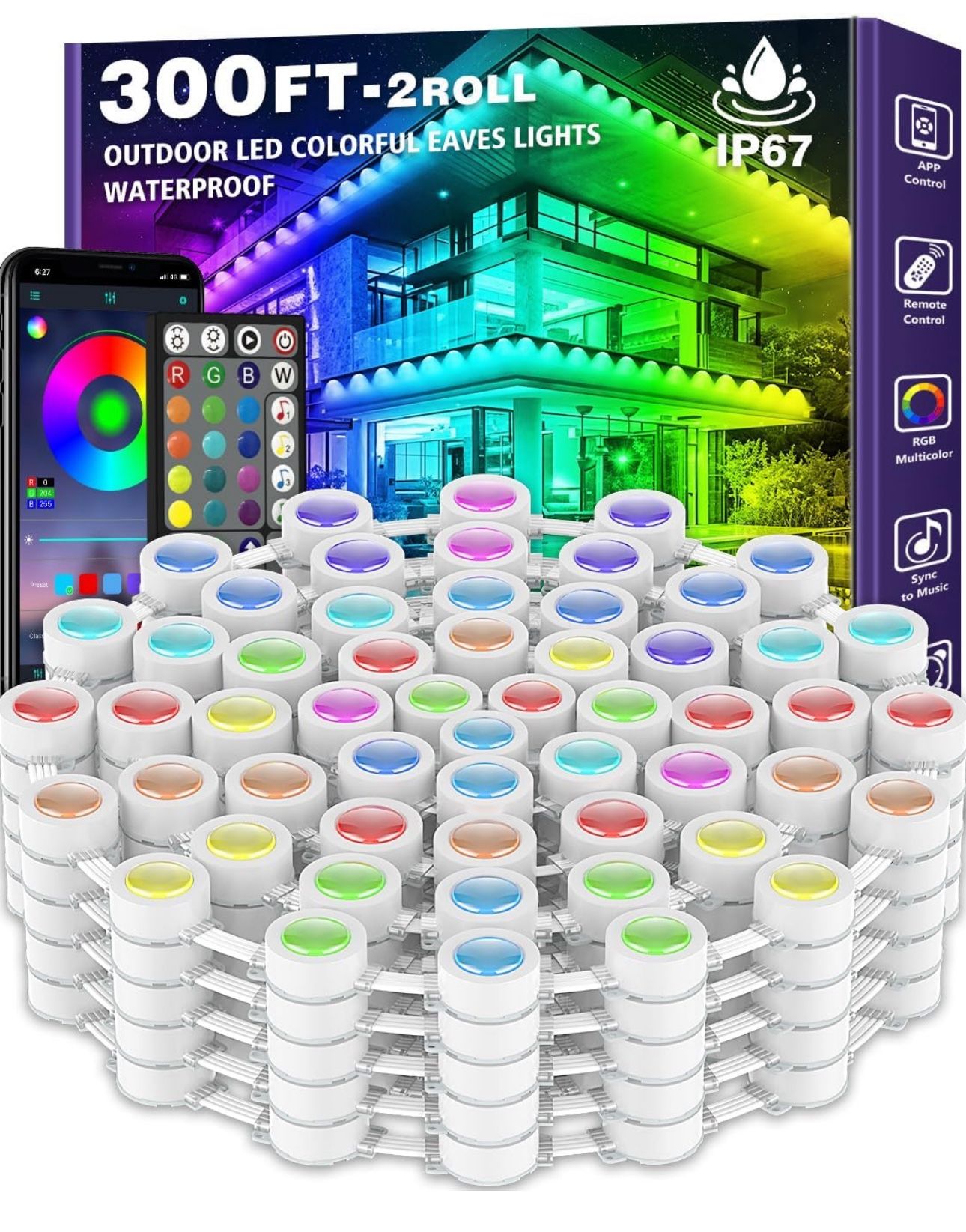 300FT Permanent Outdoor RGB Lights,IP67 Waterproof Smart LED Eaves Lights with App/Remote Control,for Christmas and All Holiday Decor,Daily and Accent