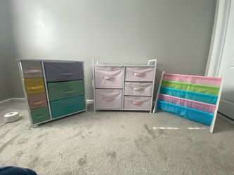 2 Kids Fabric Dressers and 1 Book Rack Set