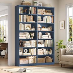 83.7" Tall Bookshelf and Bookcase, 7-Tier Double Bookshelves Blue Modern Large Bookshelf with 14 Open Display Shelves, Tall Bookcase and Wide Book She