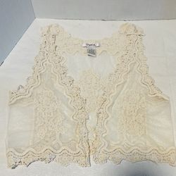 Pinky by Buckle Women's Lacey Open Vest Boho Lace Sleeveless Ivory Size S