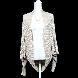 Zara Knit Crochet Shawl Beige Cardigan 3/4 Sleeve Sz M