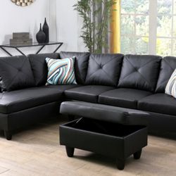 Black Leather Sectional Couch And Ottoman 