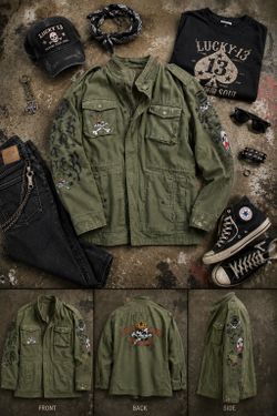 Lucky 13 Military Field Jacket, Custom Biker Jacket, Olive Green, Poker Theme, Men’s XL