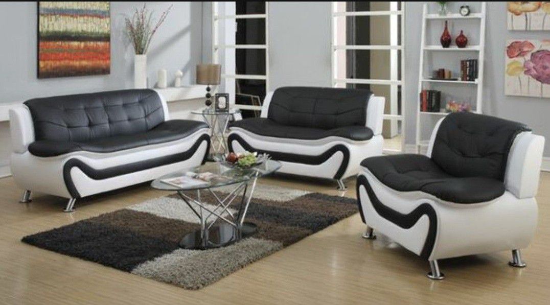Black/White Leather 3 Piece Sofa Set 