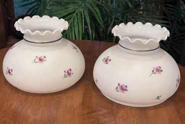 Pair of Satin Student Shade Milky White Glass Lamp Shades, w/ Pink Florals & Ruffled Edges