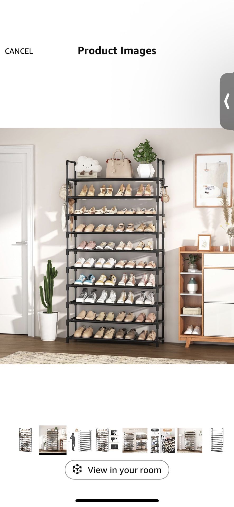 10-Tier Shoe Rack - Large Capacity 50 Pair Organizer with Two Hooks - Sturdy Metal Shoe Shelf for Entryway, Closet, Bedroom