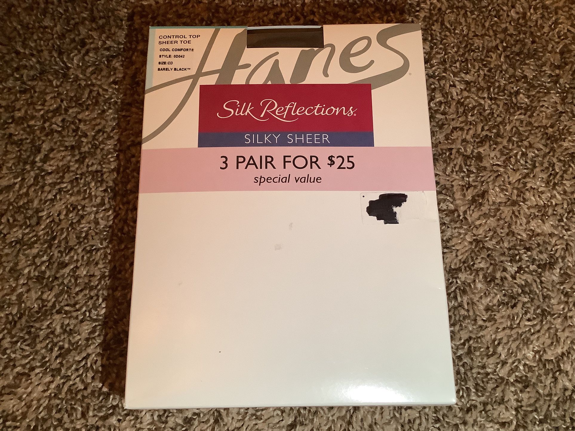 3 pairs - Hanes silk reflections control top pantyhose, barely black, size: CD