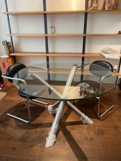 Modern Round (circular) glass dining table + 2 suspension chairs