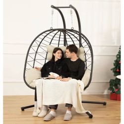 Double Egg Chair with Stand Hammock Swing Chair Foldable Hanging Loveseat, UV Resistant Removable Cushions, 700LBS Capacity for Bedroom, Balcony, Gard