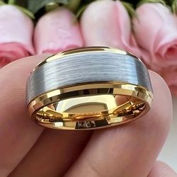 Men's 8mm Tungsten Brushed Silver With Gold Beveled-Edges Comfort-Fit Engagement Wedding Band 10
