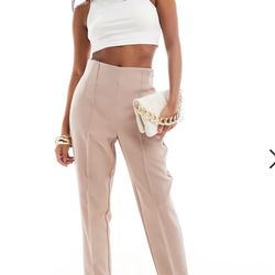 ASOS DESIGN PETITE TAILORED HIGH WAIST TAPERED LEF FETAIL PANTHS IN MINK 