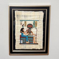 Framed Egyptian Hand Painted And Signed Papyrus Art Goddess Amunet Hathor Isis And God Ra Horakhty Horus