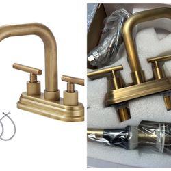 Bathroom Vanity Faucet 2-Handles 4 Inches Centerset High Arc Spout Antique Brass with Drain Assembly and Supply Hose Lavatory Faucet Mixer Deck Mounte