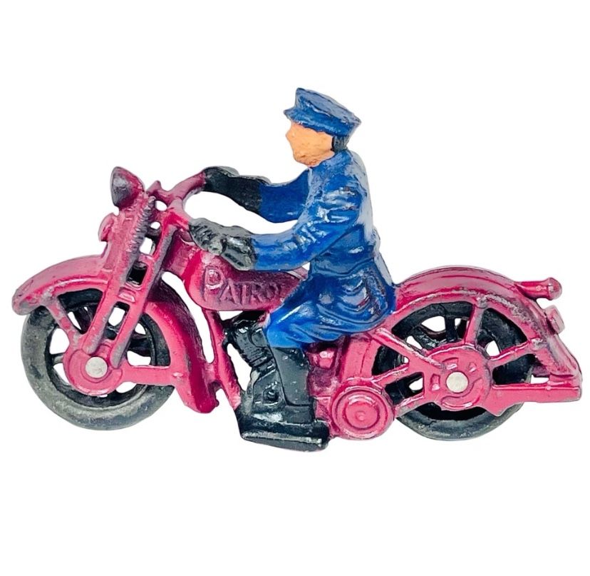Vintage Iron Art Patrol Motorcycle Cast Iron Toy Policeman Reproduction 60s
