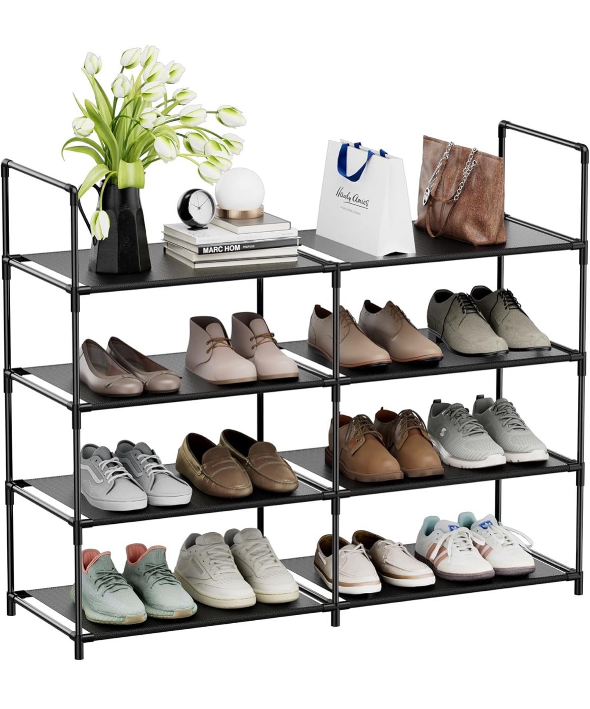 HOME 4 Tiers Shoe Rack Organizer 16-20 Pairs Stackable Shoe Storage Shelf Durable for Closet Entryway, Black