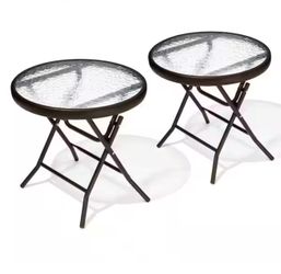 CLOUDFLY Two-piece Brown Foldable Patio Side Table with Tempered Glass Table Top