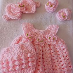 Crochet Baby Girl Pink Rosebud Headband Heirloom Dress Set Photo Prop Shipping Available