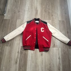 CELINE Men's Varsity Jacket Red White Black Logo Striped Trim Size 48