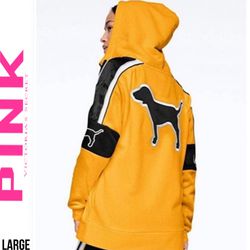 Victoria's Secret Pink Yellow Sherpa Dog Hood Campus Zip Satin